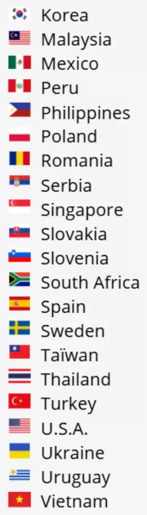 EXSYMOL countries (2/2): Korea, Malaysia, Mexico, Peru, Philippines, Poland, Romania, Serbia, Singapore, Slovakia, Slovenia, South Africa, Spain, Sweden, Taiwan, Thailand, Turkey, USA, Ukraine, Uruguay, Vietnam