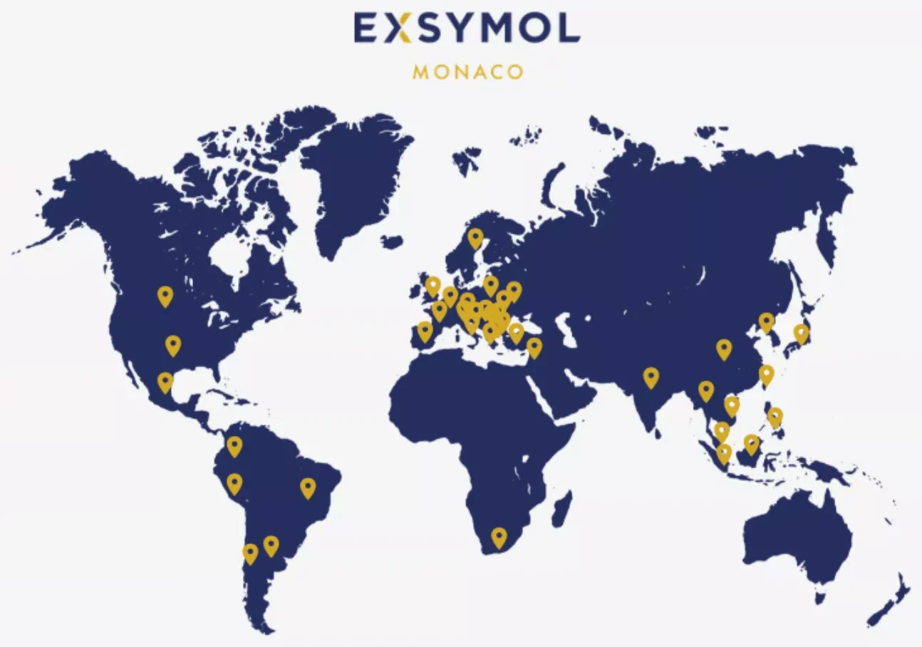 World map of EXSYMOL’s presence: distributors and partners in 41 countries across Europe, the Americas, Asia and Africa