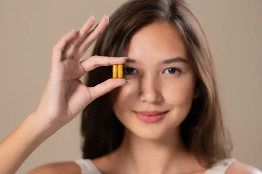 Young woman holding a food supplement capsule in front of her eye